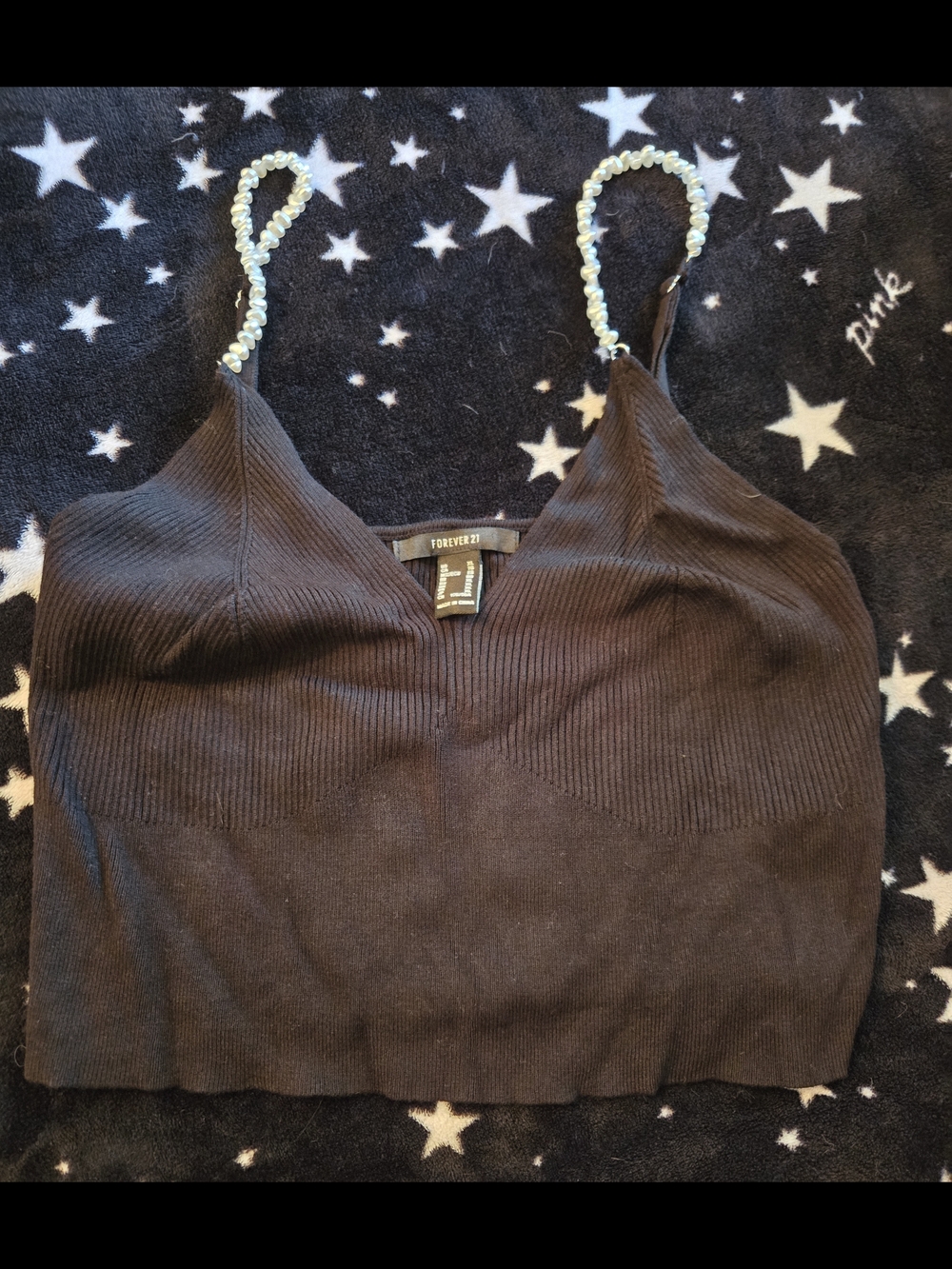 Forever 21 Black Ribbed Crop Top with Pearl-Beaded Straps